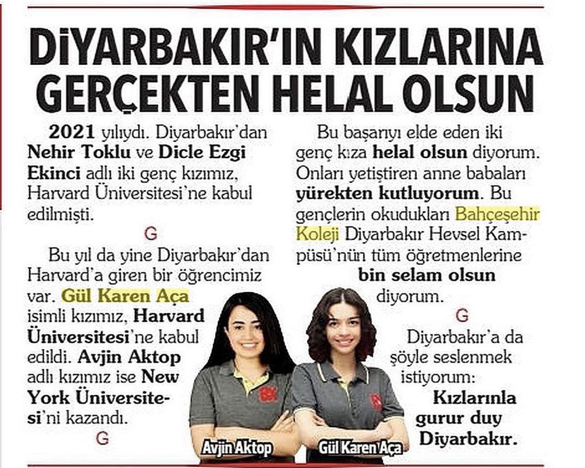 Bahçeşehir Koleji (@bahcesehir_k12) on Twitter photo Diyarbakır Hevsel Fen ve Teknoloji Lisesi öğrencilerimiz Gül Karen Aça ve Avjin Aktop’un ülkemizi gururlandıran başarısını <a href="/ahmethc/">ahmet hakan</a> bugünkü köşesinde kaleme aldı. | <a href="/Hurriyet/">Hürriyet.com.tr</a>
#bahçeşehirkoleji Diyarbakır Hevsel Fen ve Teknoloji Lisesi öğrencilerimiz Gül Karen Aça ve Avjin Aktop’un ülkemizi gururlandıran başarısını <a href="/ahmethc/">ahmet hakan</a> bugünkü köşesinde kaleme aldı. | <a href="/Hurriyet/">Hürriyet.com.tr</a>
#bahçeşehirkoleji