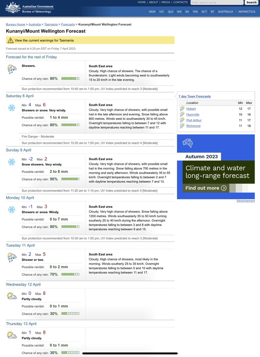 Global warming, sorry Climate Change - Autumn snow forecast for Mt Wellington Tasmania bom.gov.au/tas/forecasts/…