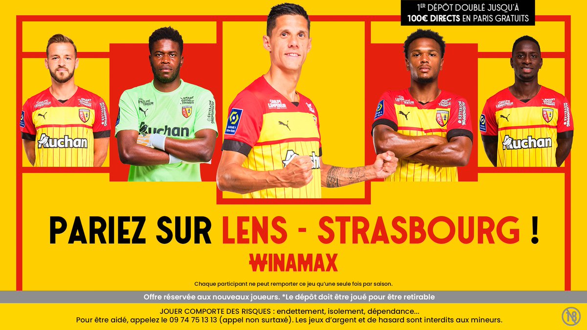 RCLens's tweet photo. Supporters, victoire 2-1 ? Cote à 7,25 !

1er dépôt doublé en Freebets jusqu’à 100€ sur @winamaxsport !

Follow @rclens, indiquez le score exact + pseudo Winamax pour remporter un maillot du RC Lens !

Vous n’avez pas de compte ? 👉 https://t.co/sNq2zrKl8H

#RCLRCSA https://t.co/fRqC6UxN9D
