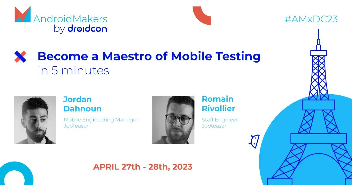 AndroidMakersFR's tweet image. Coming at you with another joint talk at #AMxDC23 with @lypiut &amp;amp; Jordan 🇫🇷

Their session will give a brief introduction of #maestro that will allow you to build end-to-end tests without knowledge of any end-to-end test technologies ✅

Full abstract here: buff.ly/3lCDG3o