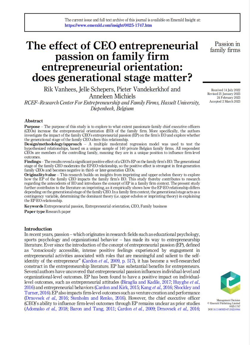 JelleSchepers__'s tweet photo. Check out our latest publication on #passion in #familyfirms together with @uhasselt colleagues @vanheesrik , @Pvandekerkhof and @_AMichiels in @mgt_decision  #RCEF https://t.co/hzcUmqOOKg