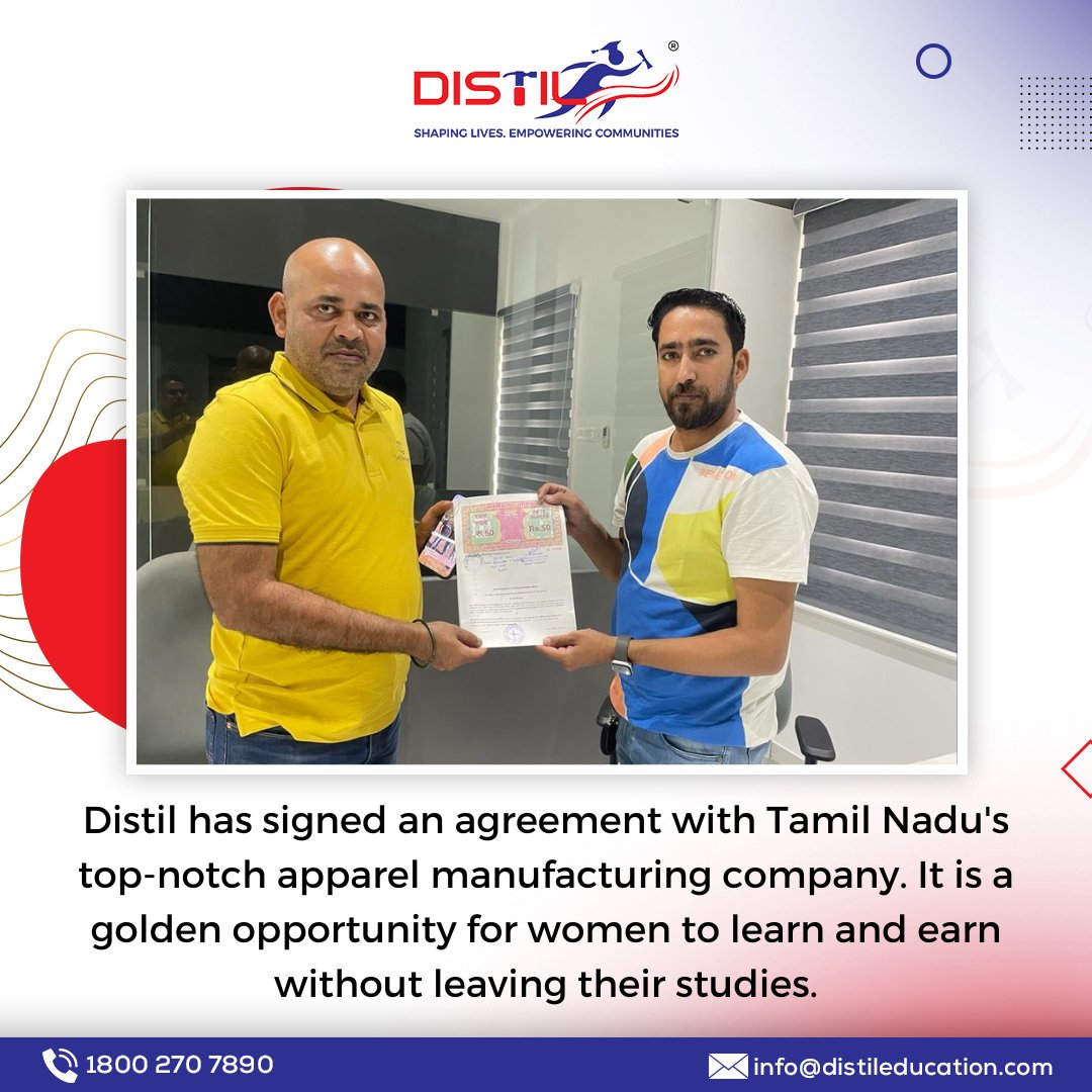 distiledutech's tweet photo. Distil has signed an agreement with Tamil Nadu's top-notch apparel manufacturing company. It is a golden opportunity for women to learn and earn without leaving their studies.

#opportunity #education #training #distil #distileducation #distilgroup https://t.co/bOgt7rqjeO