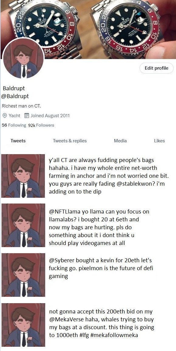 BaldruptNFT's tweet photo. ᴅᴜʙʙᴇᴅ ᴛʜᴇ ᴍᴏꜱᴛ ᴀʀʀᴏɢᴀɴᴛ ᴍᴀɴ ᴏɴ ᴄᴛ, ʙᴀʟᴅʀᴜᴘᴛ ʜᴀꜱ ᴛʜᴇ ᴍᴏꜱᴛ ᴛᴏ ꜱᴀʏ ᴀʙᴏᴜᴛ ᴘʀᴏᴊᴇᴄᴛꜱ. ɪᴛ ɪꜱ ᴇᴀꜱʏ ᴛᴏ ꜰᴇᴇʟ ʟɪᴋᴇ ᴀ ᴡᴀʀʀᴇɴ ʙᴜꜰꜰᴇᴛᴛ ɪɴ ᴀ ʙᴜʟʟ-ʀᴜɴ. ᴛʜᴜꜱ, ʜɪꜱ ᴀʀʀᴏɢᴀɴᴄᴇ ᴡɪʟʟ ꜱᴏᴏɴ ᴄᴏᴍᴇ ᴛᴏ ᴀɴ ᴇɴᴅ.. https://t.co/Dwu4qRJkjr