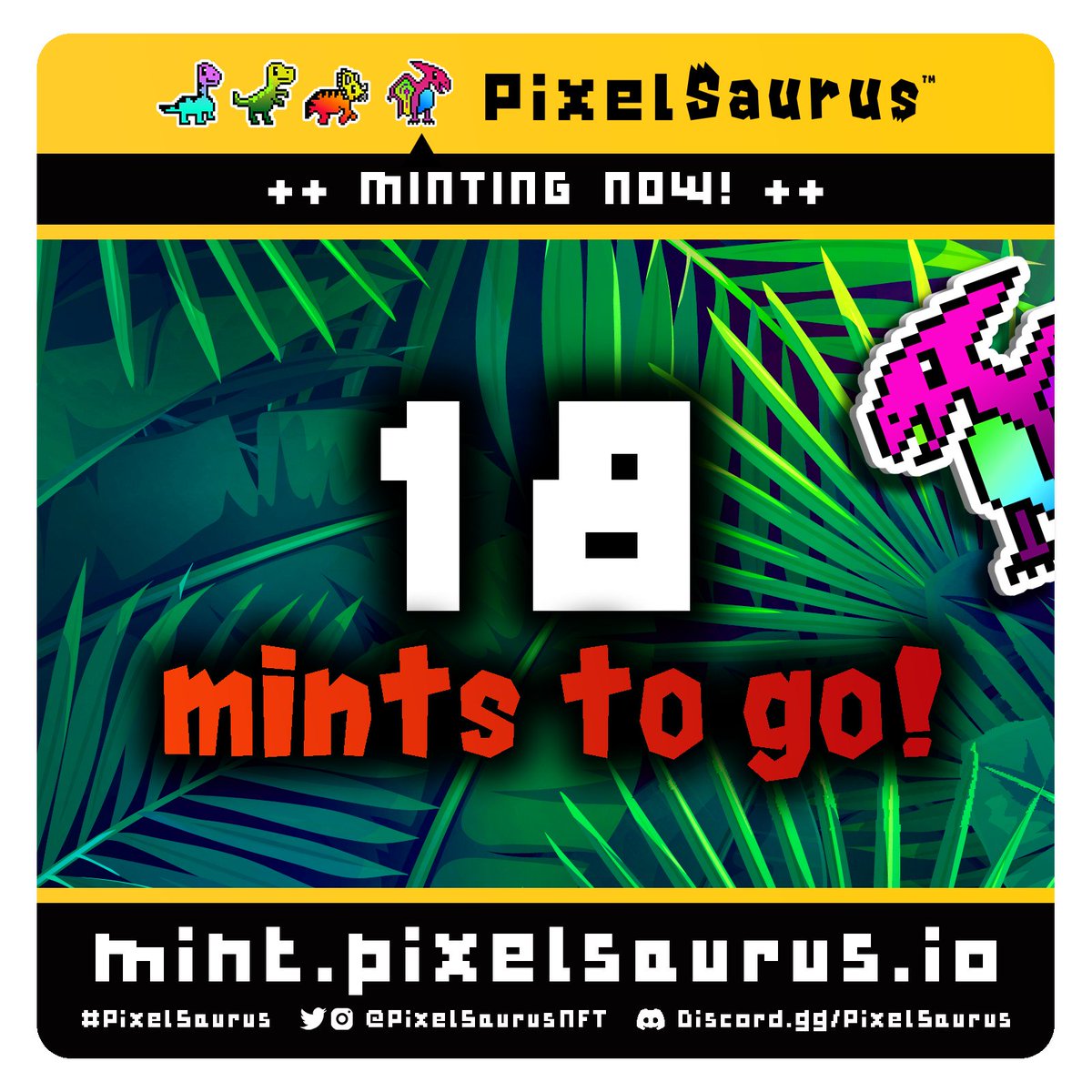 PixelSaurus's tweet image. 🚨  ONLY 18 MINTS TO GO... 🚨
✨ mint.pixelsaurus.io | 0.05 ETH

🎁  WIN a 5 ETH @BullsApesProj God Bull #NFT!
📊  Mints #0500-1005 qualify for giveaway!
⚠️  MUST be delisted! 

🦕🦖🌋🦕🦖🌋🦕🦖🌋🦕🦖🌋
Time's almost up! ⏰ join the story!
🦕🦖🌋🦕🦖🌋🦕🦖🌋🦕🦖🌋