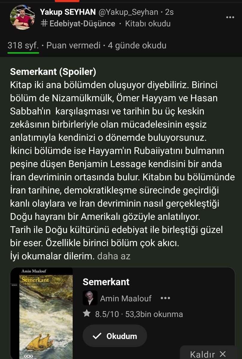 #okudumbitti #benimokumalarım
#kitapseverlertakiplesiyor 
#semerkant