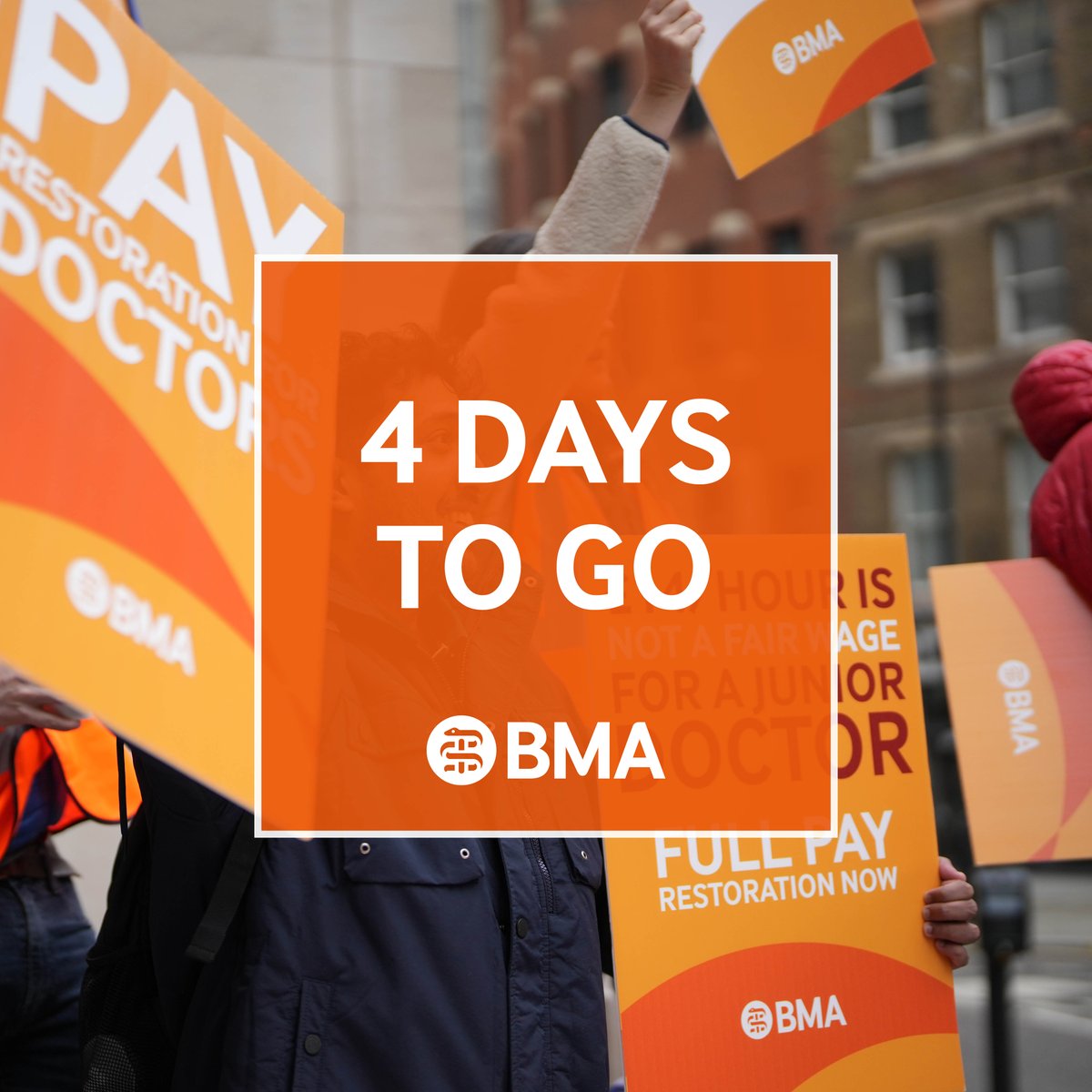 BMAResidents's tweet photo. 4 days to go until junior doctors in England strike! You have the right to strike. You don't have to tell your trust in advance or say if you're a member. Non-members can strike but join us if you want our protection  https://t.co/pBDKLZnWO2 #PayRestoration #JuniorDoctorsStrike https://t.co/10ktAhT0Kt