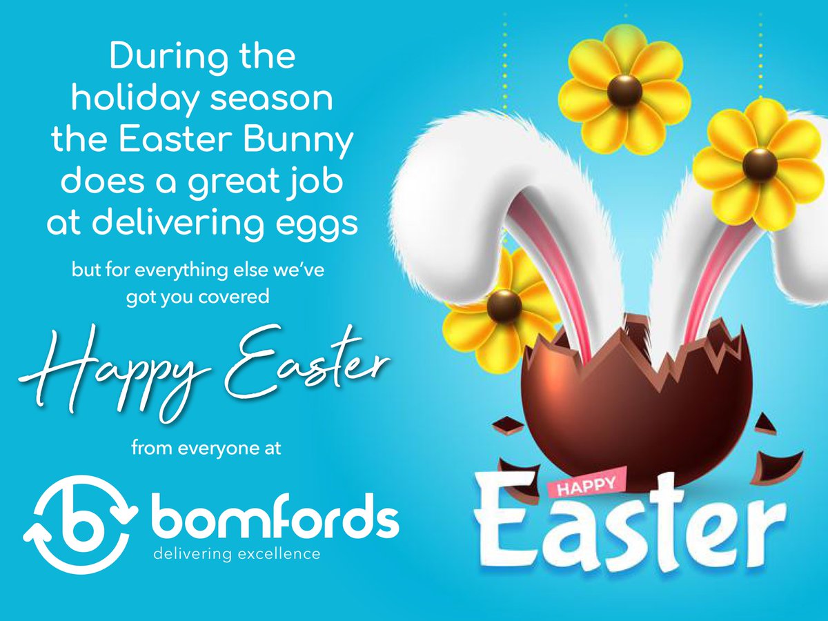 🐣 Happy Easter from everyone at #TeamBomfords
and thank you for your continued support and partnership.

bomfordsgroup.com

#easter2023 #logistics #warehousing #pallet #partloads #fullloads #fulfilmentservices