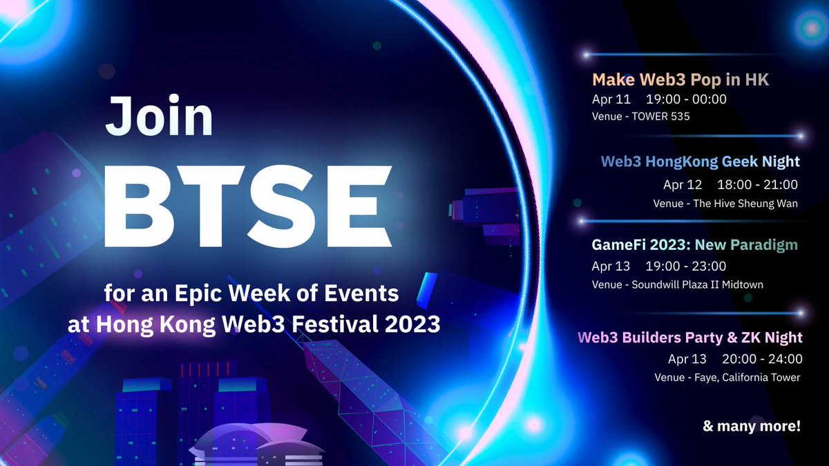 Join us at Hong Kong Web3 Festival 2023! Here's a list of all of the side events we'll be sponsoring,  pm me if you want to meet up. <a href="/BTSE_Official/">BTSE</a>