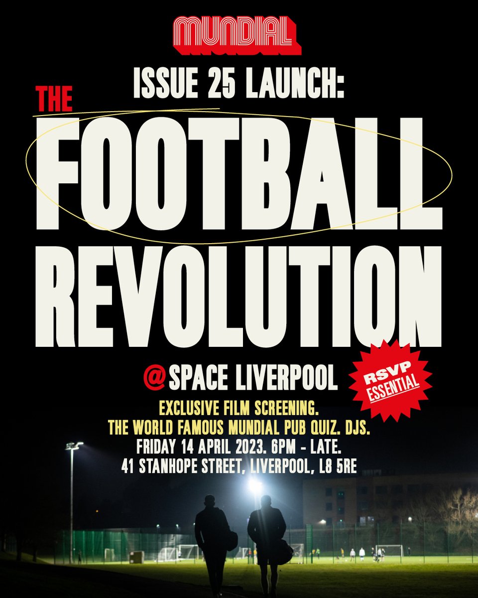 MundialMag's tweet photo. We're having a party to launch Issue 25 at @SpaceLiverpool_ next Friday 14th April, and you're invited.

There'll be the very first screening of our new film, the latest version of the World Famous MUNDIAL Pub Quiz™, beers, and DJs.

6pm - late. Join us: https://t.co/VKcvMDgEHR https://t.co/NN2oKSBToU