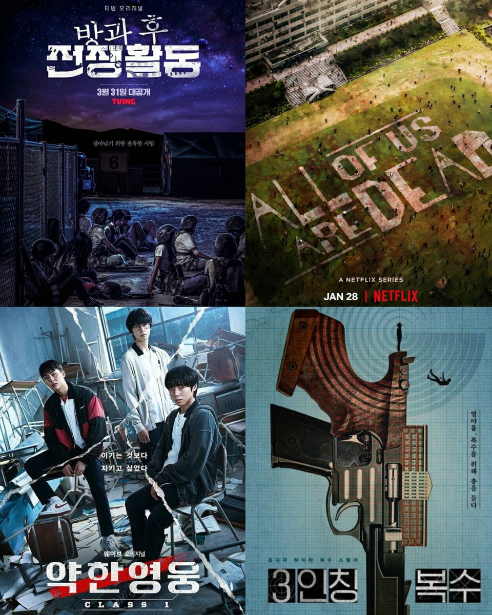 kfandefo's tweet photo. Nowadays high school dramas have some thrilling and dark genres...am not complaining tho😆❤
Here are some of my favourites❤
#DutyAfterSchool #AllOfUsAreDead #WeakHeroClass1 #TheRevengeofOthers #UltimateWeaponAlice #HopeOrDope #ShadowBeauty #Extracurricular https://t.co/cm8JsBMFR1