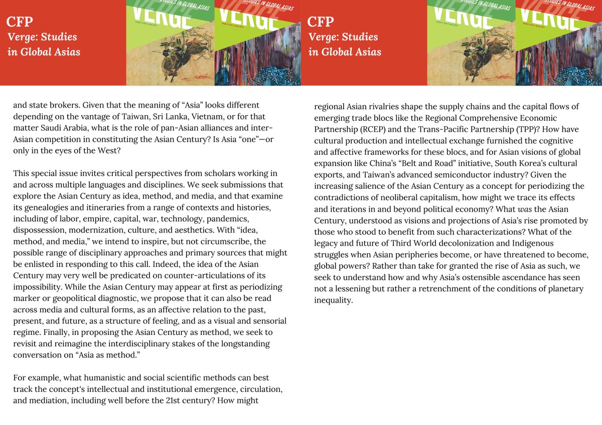 VergeGA's tweet photo. Verge invites submissions for Issue 11.2 “The Asian Century: Idea, Method, and Media,” eds. Christopher T. Fan, Paul Nadal, Ragini Tharoor Srinivasan, and Tina Chen. Convergence proposals due Sept. 8, 2023; Essays due May 1, 2024. For details, visit  https://t.co/yvWFhlSLCK. https://t.co/JGlfKCq7xT