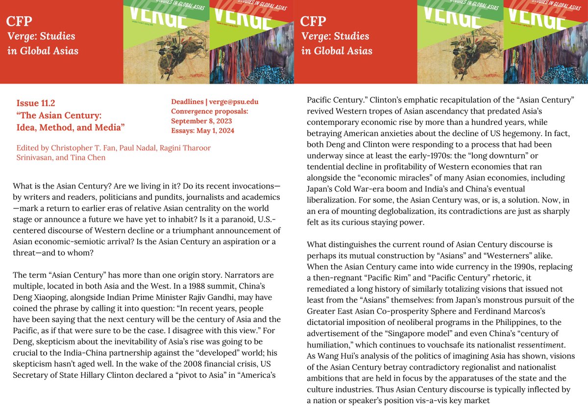 VergeGA's tweet photo. Verge invites submissions for Issue 11.2 “The Asian Century: Idea, Method, and Media,” eds. Christopher T. Fan, Paul Nadal, Ragini Tharoor Srinivasan, and Tina Chen. Convergence proposals due Sept. 8, 2023; Essays due May 1, 2024. For details, visit  https://t.co/yvWFhlSLCK. https://t.co/JGlfKCq7xT