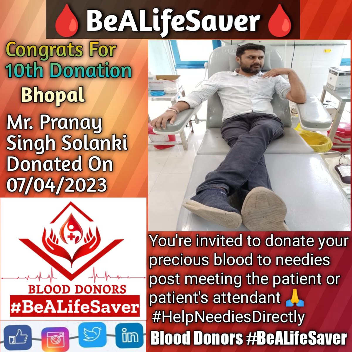 BeALifeSaver1's tweet photo. #Bhopal #BeALifeSaver
#Kudos_Mr_Pranay_Singh_Solanki_Ji

Today's hero
Mr. #Pranay_Singh_Solanki Ji donated blood in #Bhopal for the #10thTime for one of the needies. #Heartfelt #Gratitude and #Respect to Pranay Singh Solanki Ji for his blood donation for Patient admitted in Bhopa https://t.co/zFHaoICqZ1