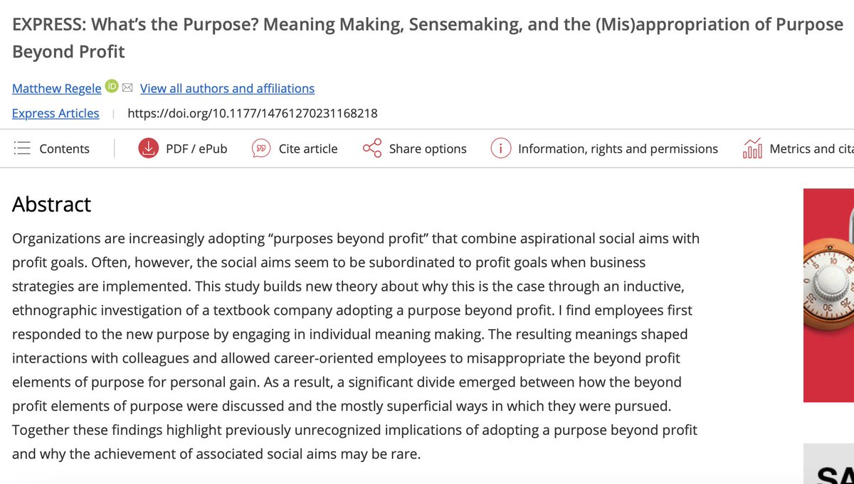 StrategOrg's tweet image. 📣 New SO! Paper: "What's the Purpose? Meaning Making, Sensemaking, and the (Mis)appropriation of Purpose Beyond Profit" (👉 journals.sagepub.com/doi/abs/10.117…). Matt Regele explores how and how organizational "purposes beyond profit" are overshadowed by profit goals when put into practice