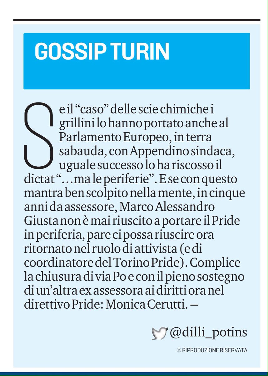 #sciechimiche e #periferie... e il @TorinoPride lascia il centro città 
#gossipturin è in edicola su <a href="/TorinoSette/">Torino Sette</a> <a href="/LaStampa/">La Stampa</a> <a href="/giustamarco/">Marco Giusta</a>