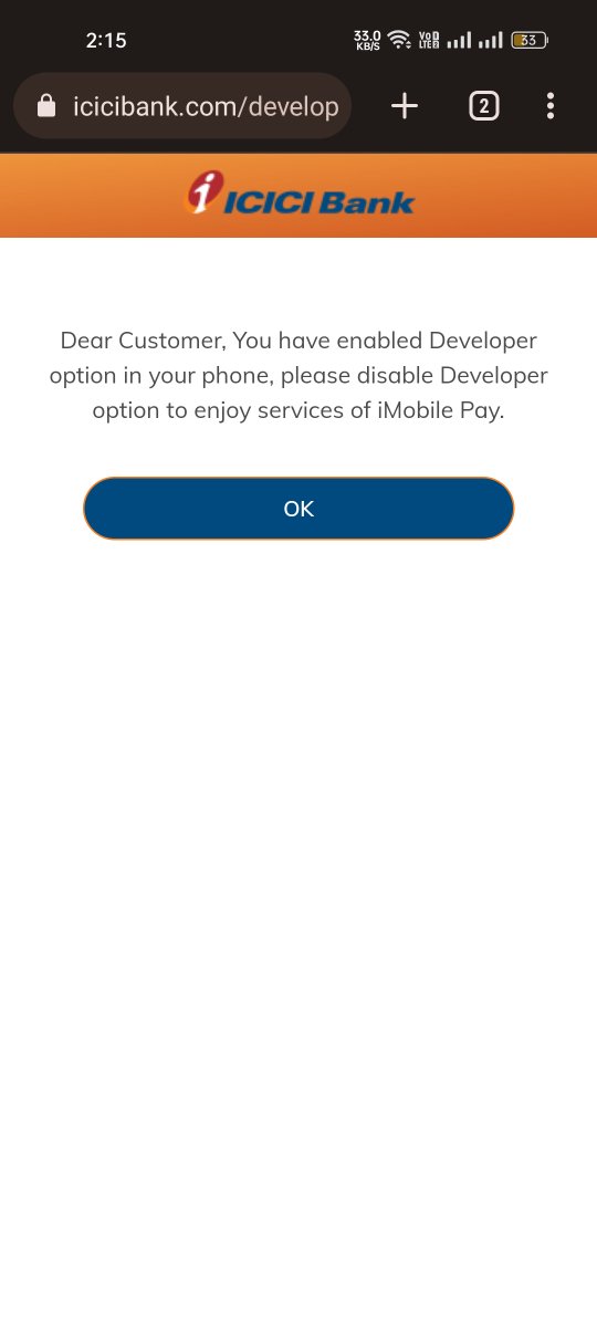 I see icici mobile app is not working when developer options are enabled in Android. This is pathetic. No other app depends on developer options. #Worst <a href="/ICICIBank_Care/">ICICI Bank Cares</a> <a href="/ICICIBank/">ICICI Bank</a>