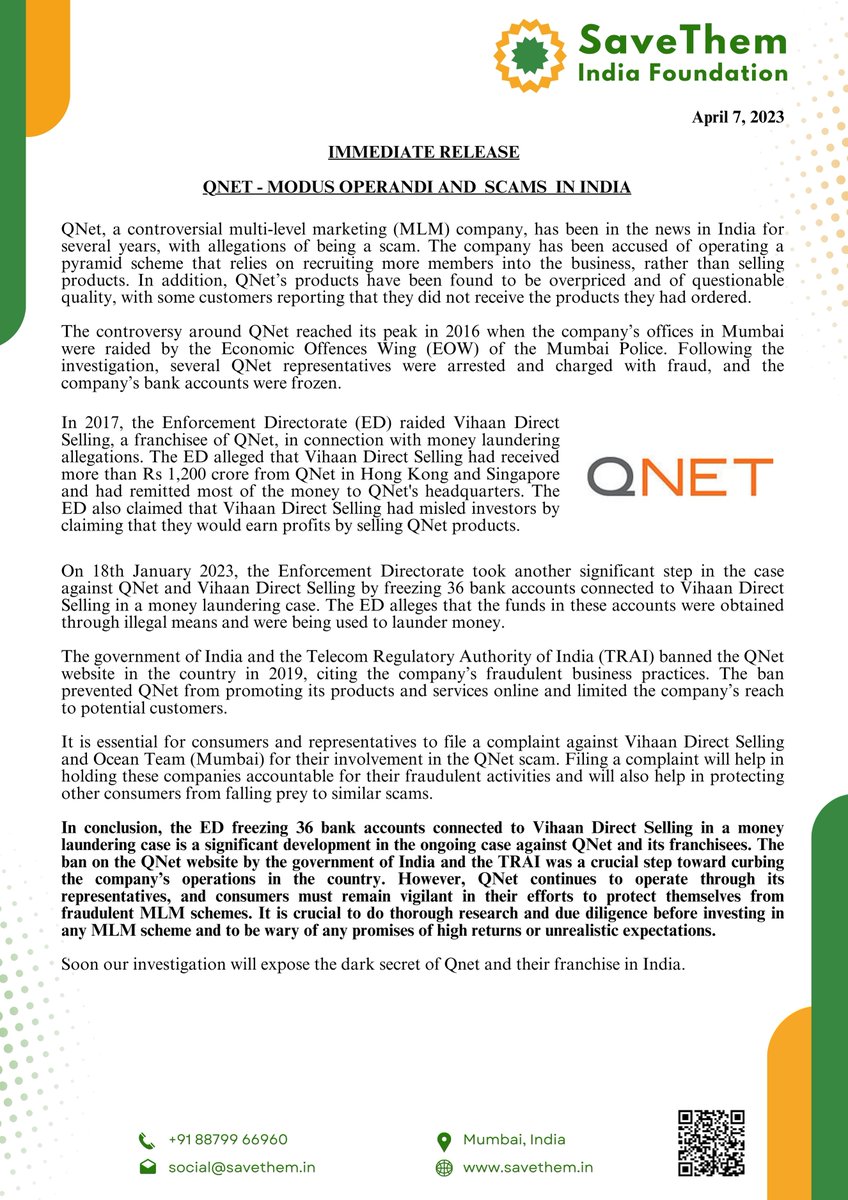SaveThemIndia's tweet image. IMMEDIATE RELEASE 

QNET - MODUS OPERANDI AND SCAM IN INDIA. 

Victims can help us to gather more evidence against #Qnet. Please reach us through DM or Email. 

Thank you.

#Qnet #QnetScam #QnetMLM #MLM #NoMoreScam @SajjanarVC