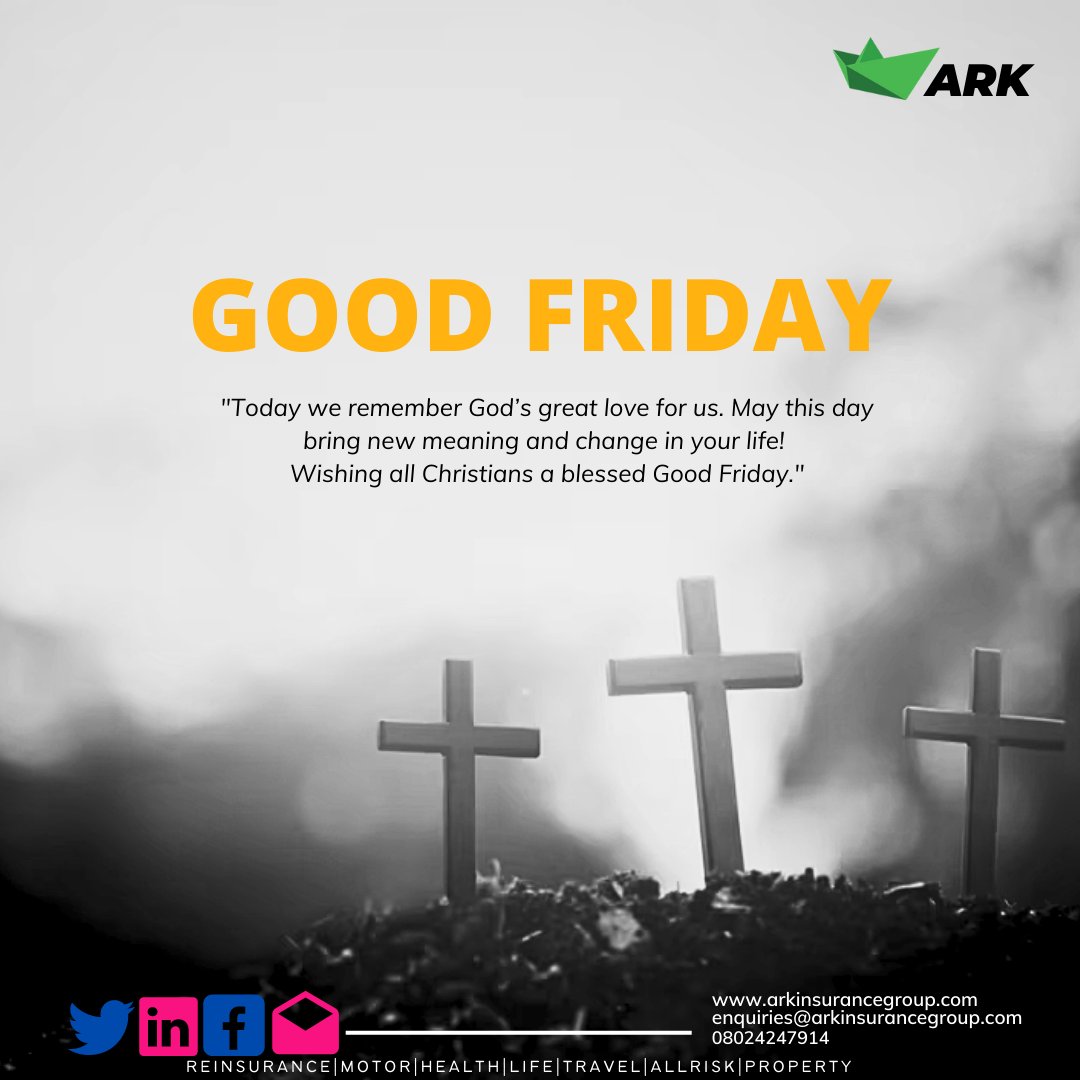 Ark_Insurance's tweet image. It's GoodFriday! Experience the peace, prosperity,joy Jesus Christ's sacrifice brings.

Happy Good Friday from all of us at #ArkInsurance #Goodfriday #EasterSeason #MotorInsurance #InsuranceCoverage #LifeInsurance