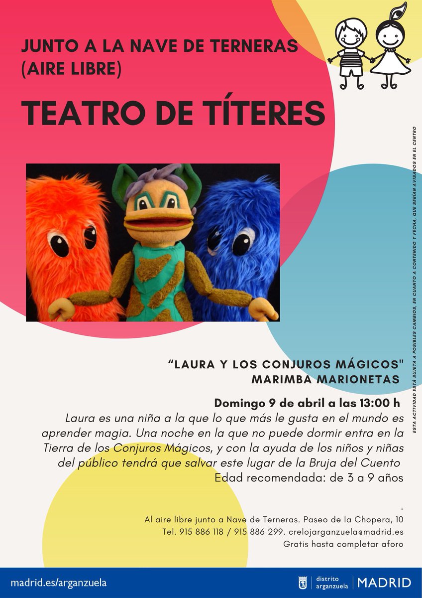 marimbamarionet's tweet photo. Este domingo 9 de abril a las 13:00 h. en el exterior de la Nave de Terneras en Arganzuela (Madrid), títeres para toda la familia con "Laura y los conjuros mágicos".
Más info de la obra:
https://t.co/Sj9V4pRGwu https://t.co/QWDD2eRjG8