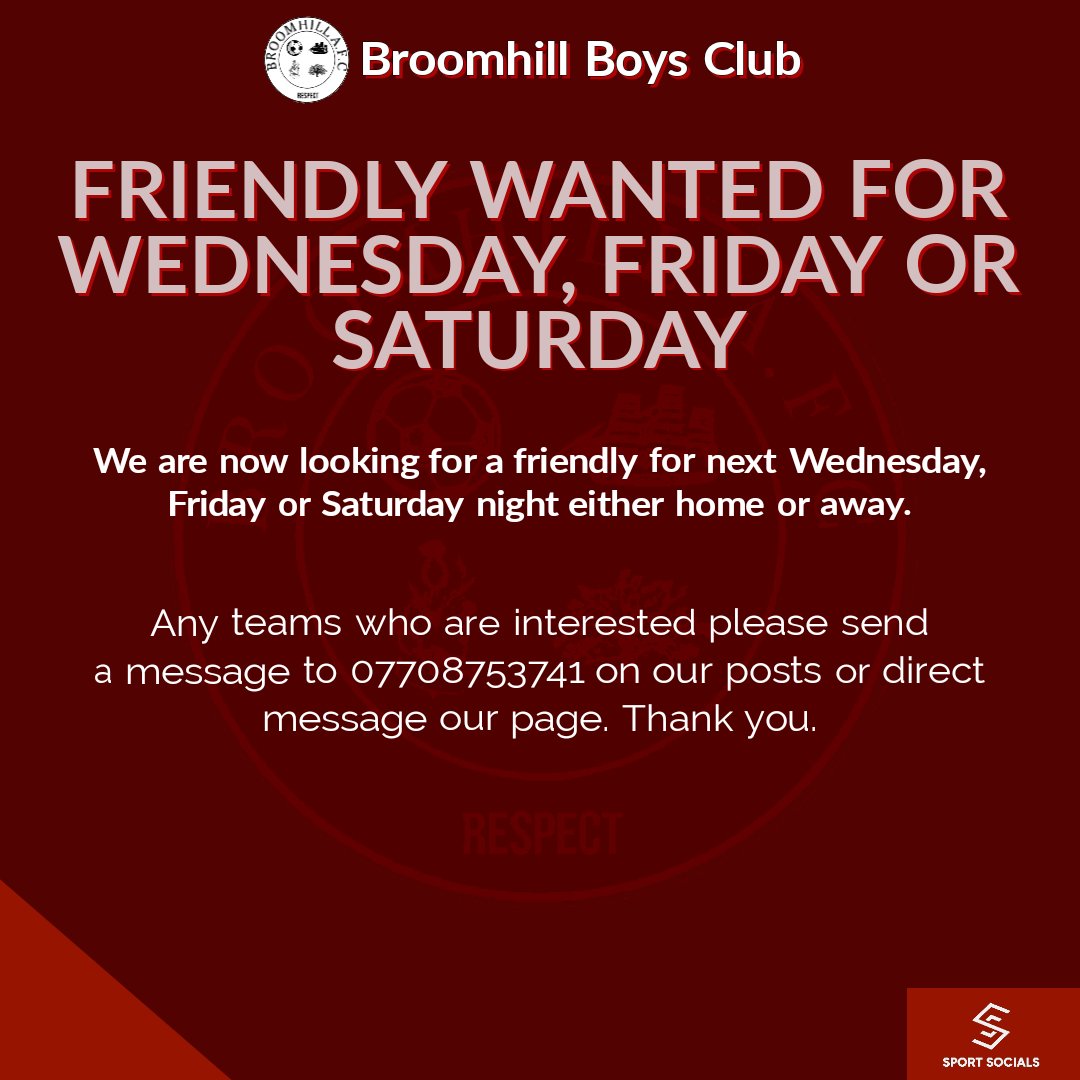 ⚽️ | 𝐅𝐑𝐈𝐄𝐍𝐃𝐋𝐘 𝐖𝐀𝐍𝐓𝐄𝐃
We are now looking for a friendly for next Wednesday, Friday or Saturday.