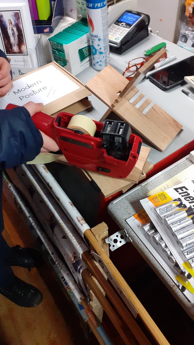 modernposture23's tweet photo. Pricing our products for sale in our local store in Castleisland €9.99 each @StudentEntProg @KerrySEP @PresCisland @modernposture23  #intermediatecategory #backpain #modernposture #phonestand #sustainability #mobilephonestand #backpainrelief #slouching https://t.co/GKqdmTWmwJ