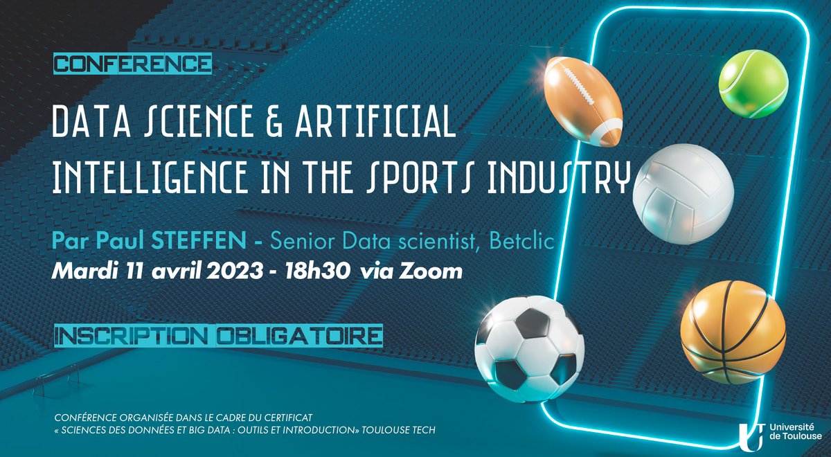 Univ_Toulouse's tweet photo. [Conférence] L’intelligence artificielle et les données connaissent une utilisation croissante dans le domaine du sport.

#ToulouseTech invite Paul Steffen, Senior Data scientist chez @Betclic, pour présenter ce secteur.

Gratuit, sur inscription ➡️ https://t.co/3yk7sDK5Wg https://t.co/ukyJtPDpn1