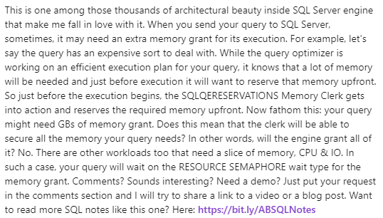 A_Bansal's tweet photo. SQL Server Notes by AB | Note #26 | RESOURCE SEMAPHORE Wait Type &amp; SQLQERESERVATIONS Memory Clerk | 07 April, 2023 | #ABSQLNotes

Want more Notes? Here: https://t.co/nPZ1oEvT9w https://t.co/jtB7Rx4SA1