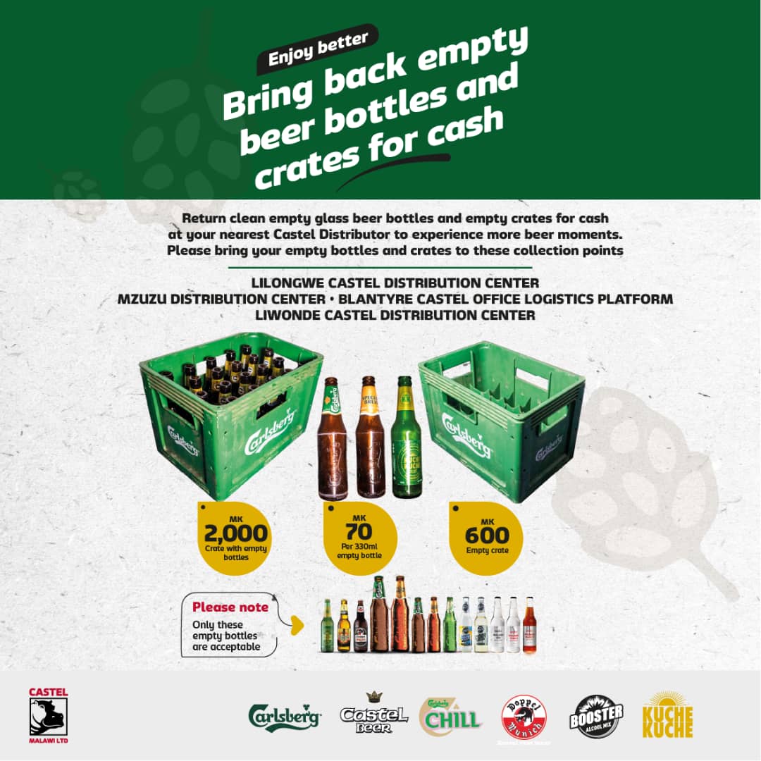 MalawiSpirits's tweet image. Bring back empty BEER BOTTLES and CRATES and GET CASH!

COLLECTION POINTS: 

Lilongwe Castel Distribution Center 
Mzuzu Castel Distribution Center 
Blantyre Castel Office Logistics Platform 
Liwonde Castel Distribution Centre 

T's and C's Apply 

#CastelMalawi #SameSpirit