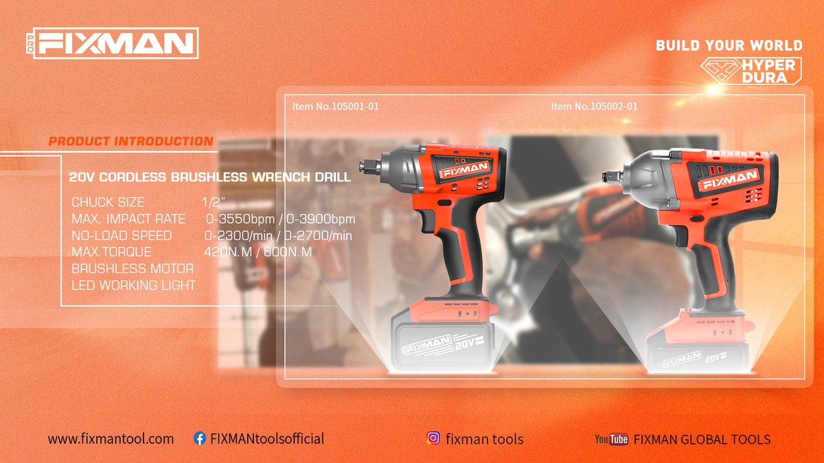 FixmanTool's tweet image. The FL105001-01 is one of FIXMAN&apos;s most popular impact wrenches.
POWERFUL PERFORMANCE—The brushless motor provides efficient, high-performance #power for use on lug nuts and tough automotive bolts.
THREE SPEED SETTINGS—Choose between High(420N.m), Medium(380N.m) and Low Mode.