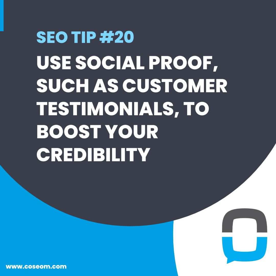 COSEOM's tweet photo. SEO Tip #20: Use social proof, such as customer testimonials, to boost your credibility 
#SocialProof #Credibility #B2BMarketing #SEO #Conversion https://t.co/mMv8Oj7wVo