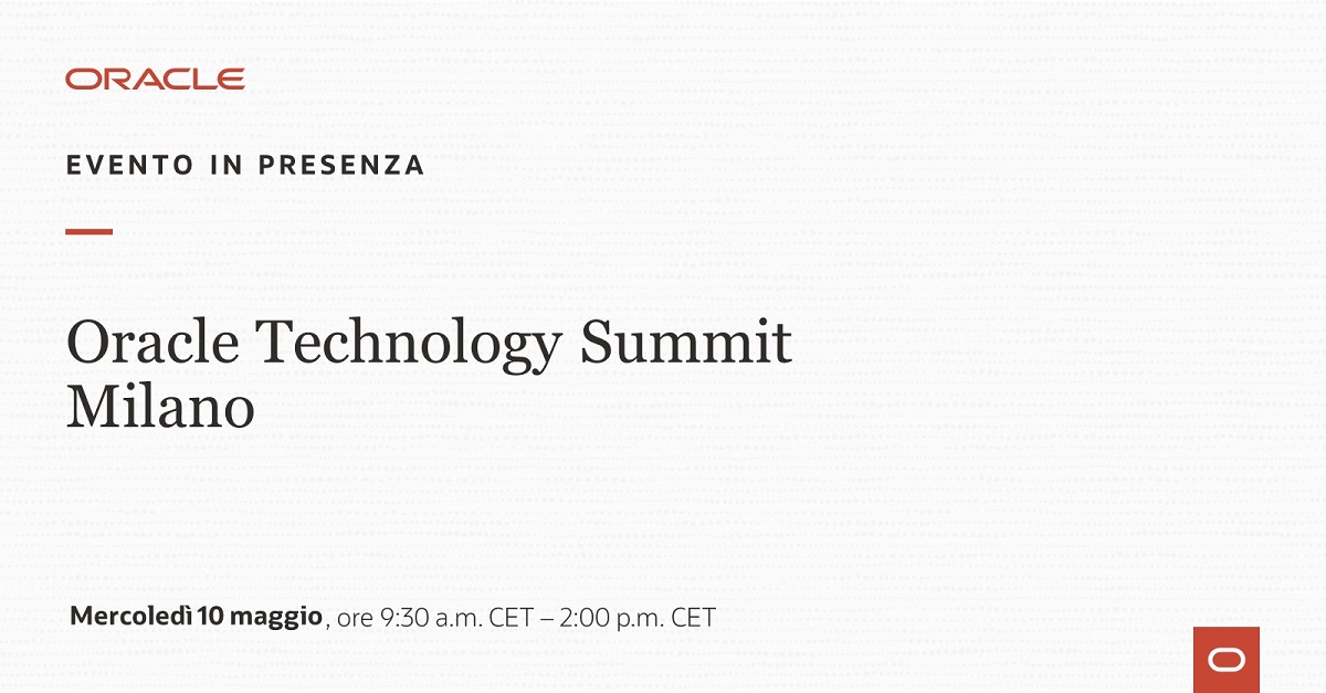 Il 10 maggio ritorna a Milano l'evento #Oracle Technology Summit. Partecipa per scoprire come rendere la tua organizzazione più agile, innovativa ed efficiente, in questa fase di continua evoluzione tecnologica. #Oraclecloud #innovazione. social.ora.cl/6016OyO7O