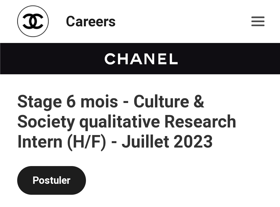 Stage planning / research potentiellement très cool. Y'en a pas mille des comme ça 
cc.wd3.myworkdayjobs.com/fr-FR/ChanelCa…