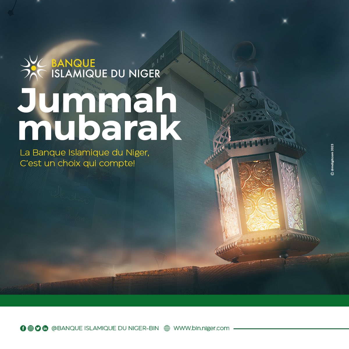 {#JummahMubarak} 🕌 
La Banque Islamique du Niger souhaite une excellente journée de Vendredi à toute la Ouma Islamique. 🤲🏻
—————————————
Site Web 🌐 bin-niger.com
La BIN , C’est un choix qui compte! 

#BanqueIslamiqueDuNiger #finaceislamique  #BinNiger
