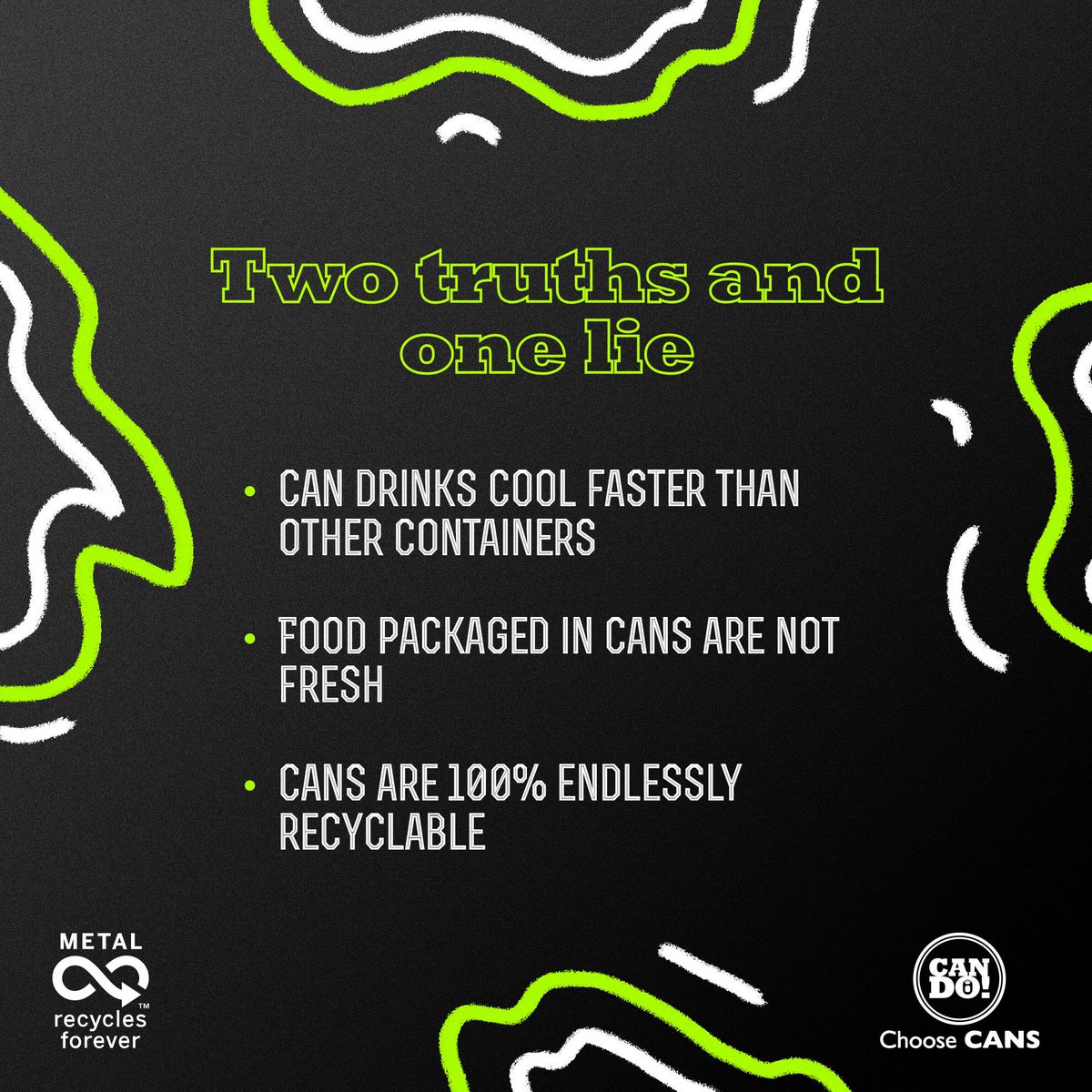cando_ng's tweet photo. How quickly can you spot the lie? 👀♻️💚

#Twotruthsonelie #Makeitforever #BeAPioneer  #Choosecans #CanDo https://t.co/kYHUjiRPm9