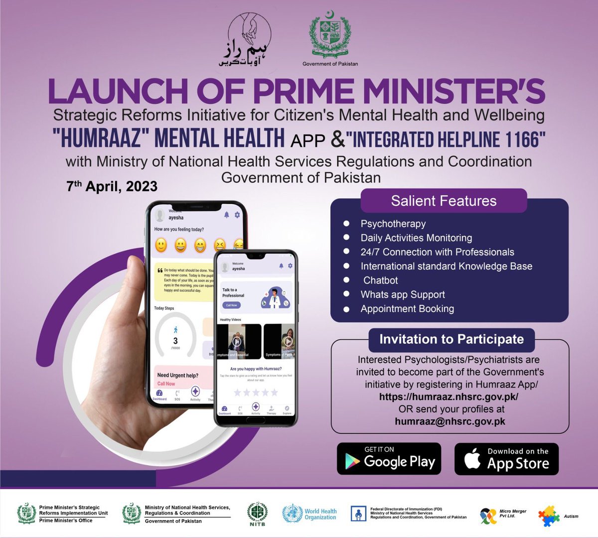 CMShehbaz's tweet image. On this World Health Day today, I am pleased to announce the launch of Government's first dedicated mental health App #Humraaz &amp;amp; helpline. Citizens' well-being &amp;amp; especially mental health is paramount for our society’s improvement. We need to remove taboo around mental health.