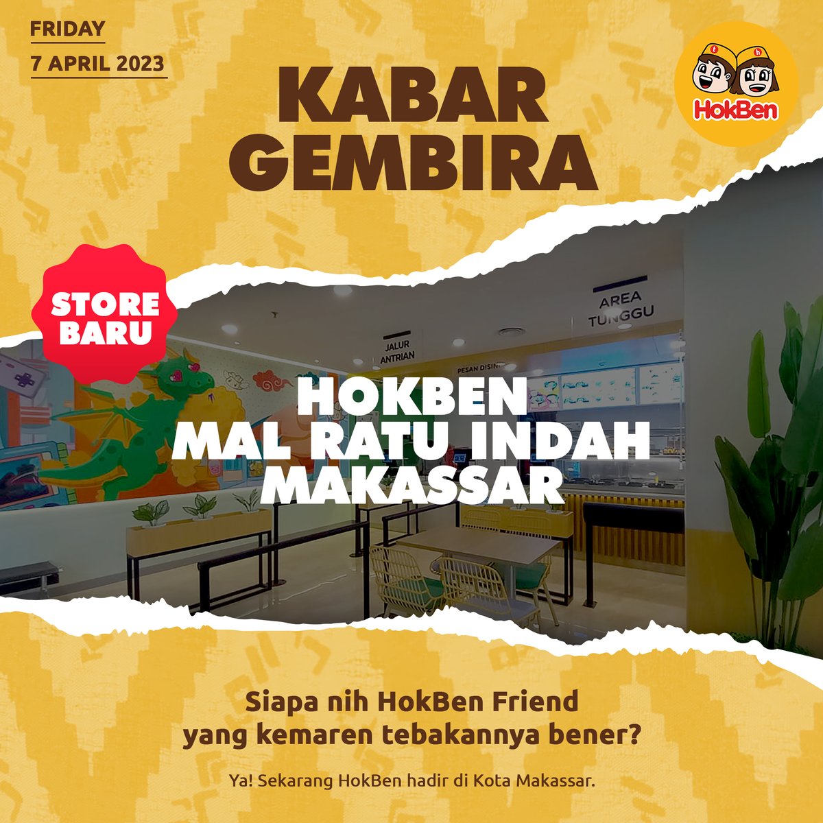 HokBen's tweet photo. Berita baik buat kamu yang di Makassar, kini HokBen pertama di Sulawesi telah hadir 😍👏
Yuk langsung ramaikan HokBen di Mal Ratu Indah Makassar dan nikmati menu makanan yang enak dan Halal🙌❤️🤗
#HokBenBaru #OpeningStore #SerunyaMakanHokben #HokbenHalal https://t.co/asNNNxgmnr