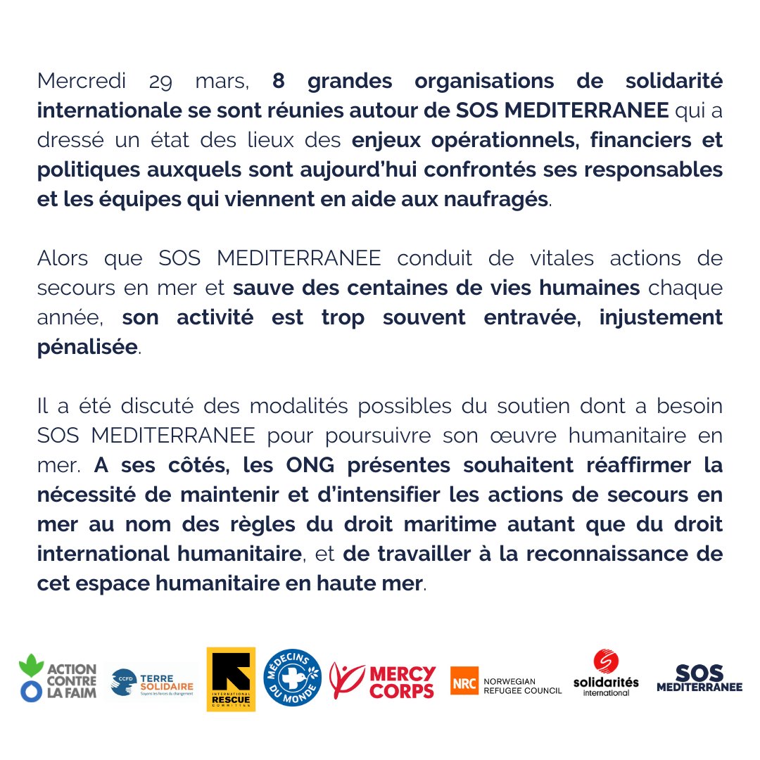 ACF_France's tweet image. 8 grandes organisations de solidarité internationale se sont réunies autour de @SOSMedFrance qui a dressé un état des lieux des enjeux opérationnels, financiers et politiques auxquels sont aujourd’hui confrontés ses responsables &amp;amp; les équipes qui viennent en aide aux naufragés 👇