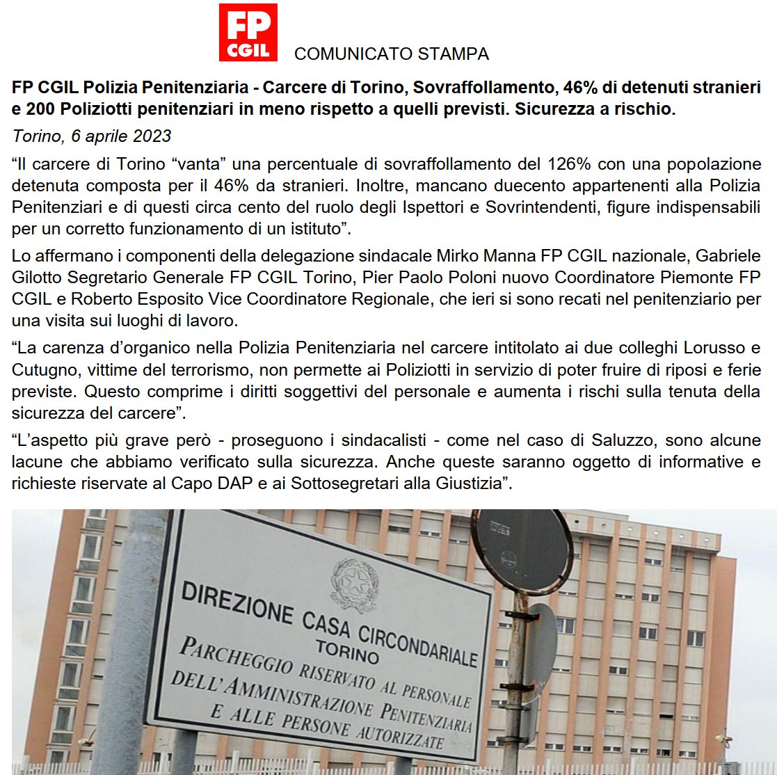 📷#PoliziaPenitenziaria Carcere Torino 𝗦𝗼𝘃𝗿𝗮𝗳𝗳𝗼𝗹𝗹𝗮𝗺𝗲𝗻𝘁𝗼 𝗱𝗲𝗹 𝟭𝟮𝟲% 𝗲 𝟮𝟬𝟬 𝗣𝗼𝗹𝗶𝘇𝗶𝗼𝘁𝘁𝗶 𝗽𝗲𝗻𝗶𝘁𝗲𝗻𝘇𝗶𝗮𝗿𝗶 𝗶𝗻 𝗺𝗲𝗻𝗼. 𝙎𝙞𝙘𝙪𝙧𝙚𝙯𝙯𝙖 𝙖 𝙧𝙞𝙨𝙘𝙝𝙞𝙤
@FpCgilPolPen #sicurezza #carceri #lorussoecutugno #cisiamo @FpCgilNazionale