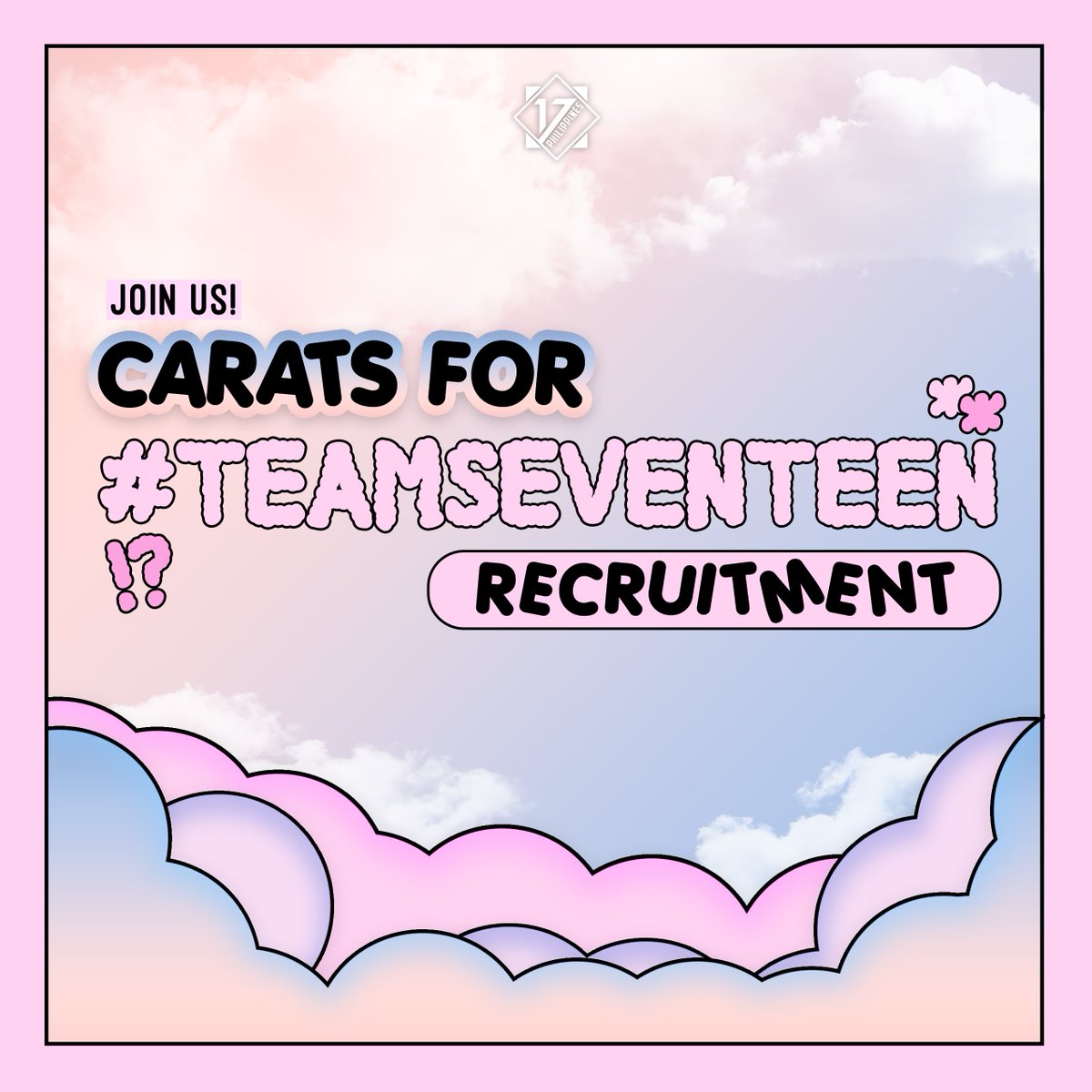 [NOTICE] #TEAM_SEVENTEEN Staff Recruitment 2023 💎✨

Be part of our growing family!  We are looking for members of our:
#PR_CREW
#VOTING_CREW
#CREATIVES_CREW
#PROJECT_CREW

Form: forms.gle/vmCLLBayogHAdV…

#SEVENTEENPH