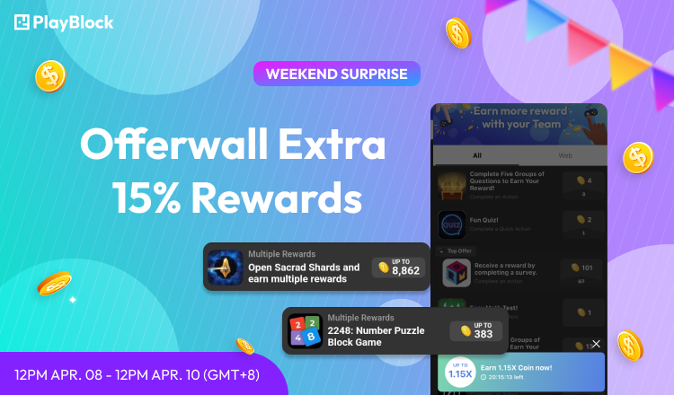 playblockapp's tweet photo. <Offerwall Extra 15% Rewards> Players, come to earn MORE USDP by completing the tasks of Offerwall! All the USDP you earn can be withdrawn immediately or converted to Play tokens. https://t.co/dffkPxtchv