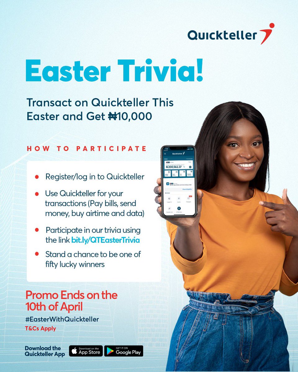 Quickteller's tweet photo. We’re rewarding 50 lucky customers with ₦10,000 eCash!
Click here on how to win https://t.co/GrgxWNA7lk
Promo runs until 11:59pm on Monday April 10, 2023.
Terms and conditions apply.
#EasterwithQuickteller
#GetQuickteller
#Easter https://t.co/MBncxpJxhN