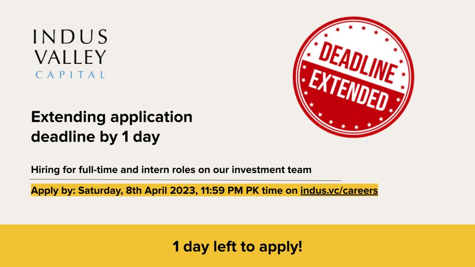 Areeb Zafer (@areebzafer) on Twitter photo We are extending the <a href="/indusvalleycap/">Indus Valley Capital</a> investment team application deadline by 1 day.
Apply for full-time and intern roles on indus.vc/careers by Saturday, 8th April 2023, 11:59PM PK time. We are extending the <a href="/indusvalleycap/">Indus Valley Capital</a> investment team application deadline by 1 day.
Apply for full-time and intern roles on indus.vc/careers by Saturday, 8th April 2023, 11:59PM PK time.