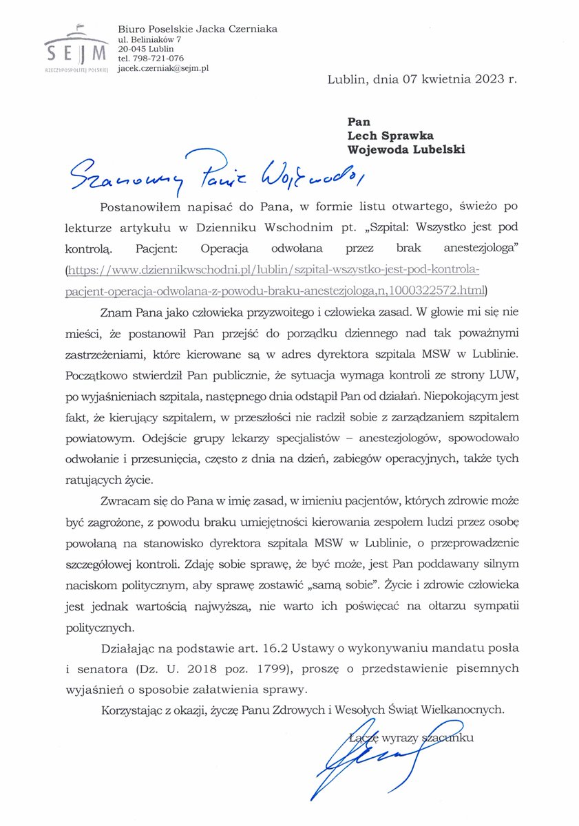 Mój list otwarty do Pana Wojewody Lubelskiego <a href="/LechSprawka/">Lech Sprawka</a> w sprawie odroczonej kontroli w Szpitalu <a href="/MSWiA_GOV_PL/">MSWiA 🇵🇱</a> w <a href="/Miasto_Lublin/">Lublin</a>.
<a href="/LUWLublin/">Lubelski Urząd Wojewódzki</a> 
#lubelskie #lublin #lewica #zdrowie #szpital
