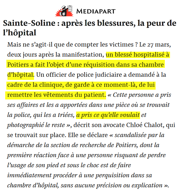 En France, après avoir blessé 200 personnes et mis 2 hommes dans le coma, les autorités salissent les blessés graves dans les médias et vont jusque dans les hôpitaux voler leurs affaires, avec la complicité de soignants.

Mediapart confirme ces faits dans une enquête accablante.