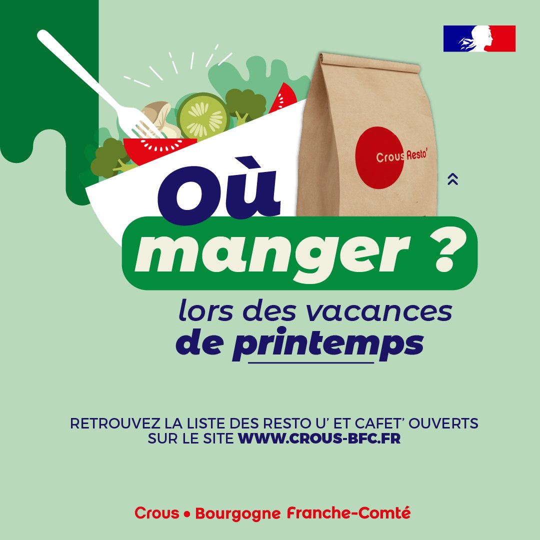 CrousBFC's tweet photo. 🌄🥗 Les Resto U' et Cafet' du Crous continuent de servir pendant les #vacances ! Venez profiter de nos repas sans plus attendre 😊
🤗 Découvrez la liste des points ouverts : https://t.co/q1cP2CtXh6
#crous #dijon #besançon #lecreusot #belfort #montbéliard #vesoul #sevenans https://t.co/3hwkp19n5o