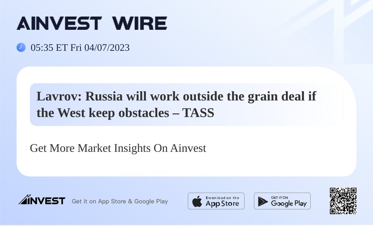 Lavrov: Russia will work outside the grain deal if the West keep obstacles – TASS
#Ainvest #Ainvest_Wire #Ukraine #warinukraine #RussiavsUkraine 
View more: https://t.co/RoG3eime4L https://t.co/JyEtPBvCeE