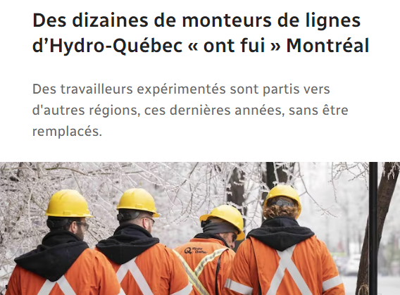 Pat77432407's tweet photo. Une autres excellente trouvaille de Thomas Gerbet.

En 2017, il y avait 120 monteurs de lignes d'Hydro-Québec employés sur l'île de Montréal, ce qui correspond au nombre requis de travailleurs pour le territoire. Selon nos sources, en date du 6 mars 2023, ils n'étaient plus que 82 et une vingtaine d'entre eux étaient assignés à d'autres emplois, en congé de maladie ou ne travaillaient qu'une semaine sur deux.  https://t.co/bwYUpoMrkm