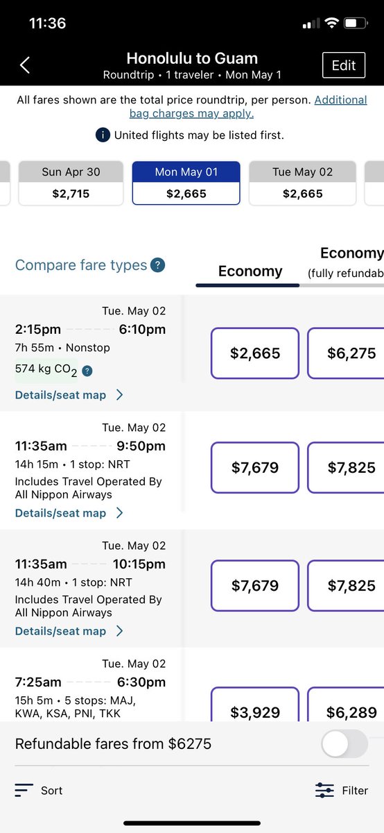 chick808's tweet photo. @united how is this fair? RT to Guam, $2600, RT to Manila with a stop in Guam, $1400. Same flight to Guam in both cases. So unfair just because only you fly to Guam direct from Honolulu. #travel #travelpartner #Guam https://t.co/HyDKX2hk9b