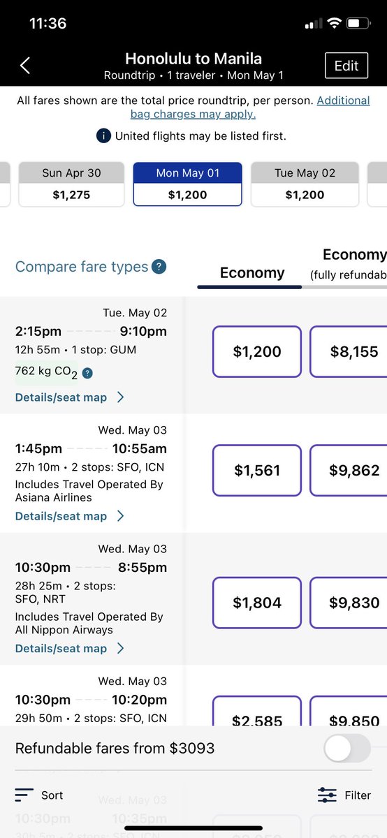 chick808's tweet photo. @united how is this fair? RT to Guam, $2600, RT to Manila with a stop in Guam, $1400. Same flight to Guam in both cases. So unfair just because only you fly to Guam direct from Honolulu. #travel #travelpartner #Guam https://t.co/HyDKX2hk9b