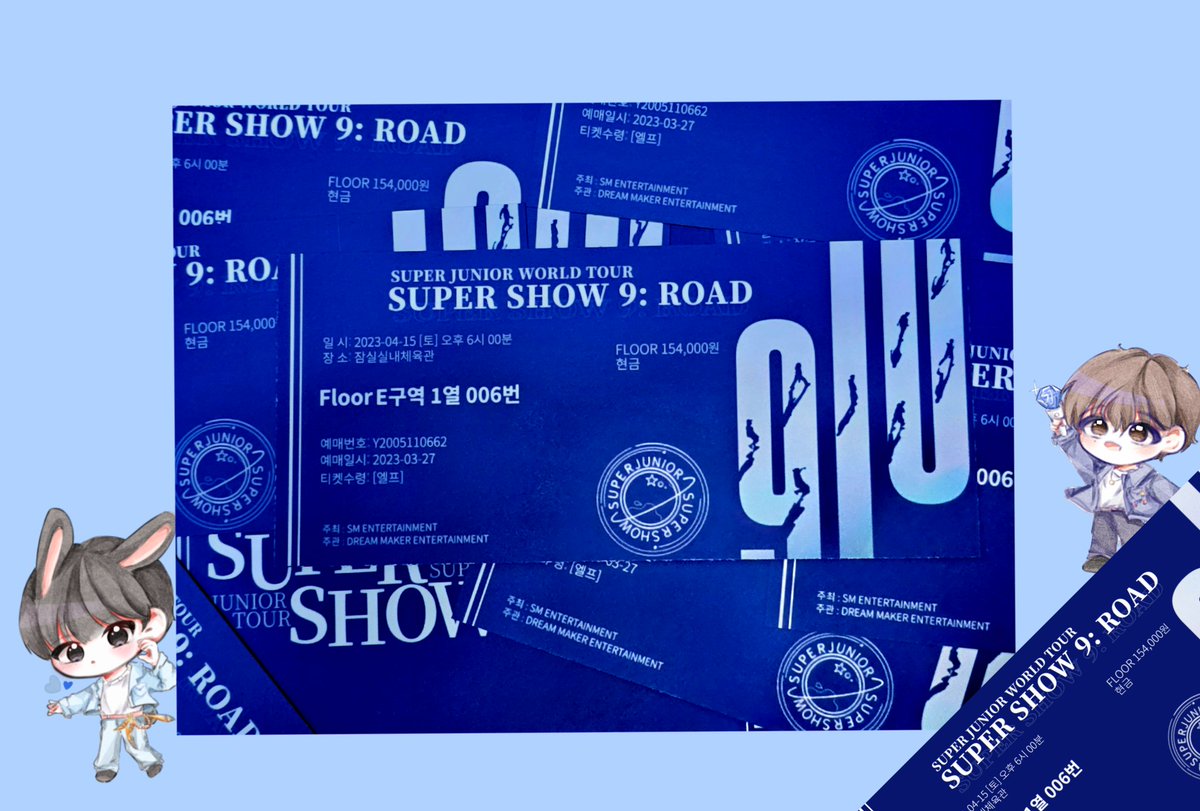 💙슈퍼쇼9 앙콘 첫콘 나눔💙

4/15 첫콘에만 나눔 수량은 약 100장
시간과 장소는 추후 타래로 안내예정

실제티켓이 아니라는 점, 좌석번호와 예매번호는 1106을 참고하여 작성했습니다.